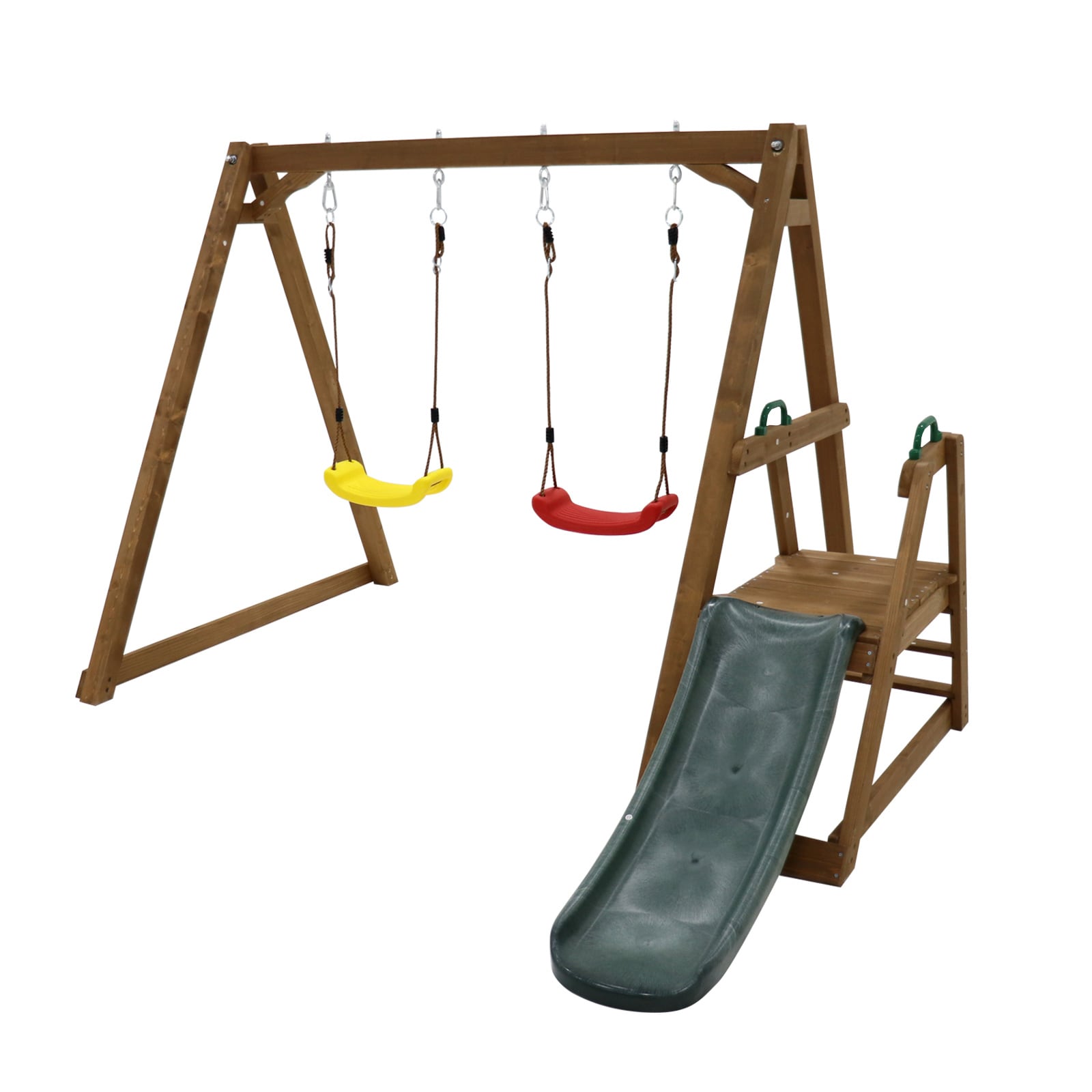 Flynama Residential Wood Swing set with 2 Swings and Slide Included