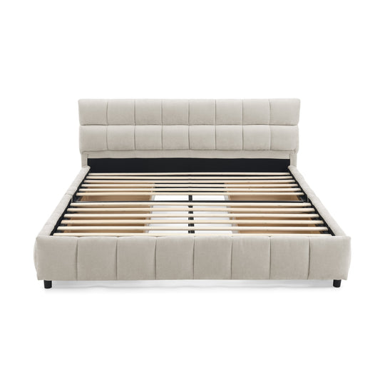 Bybafun Queen Beige Wood Tufted Bed Frame Storage with Headboard