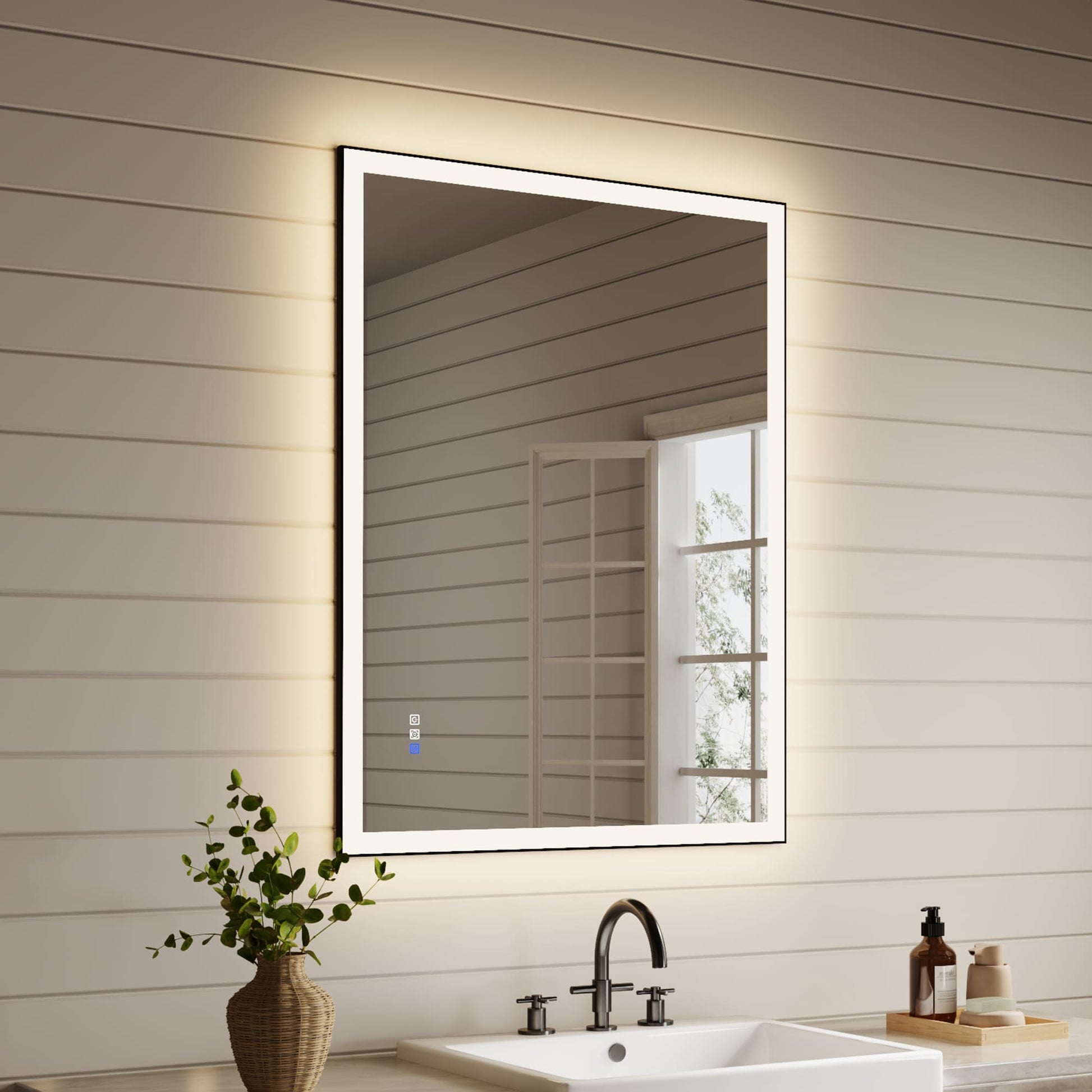 ExBrite Zentro 48-in x 36-in Framed Rectangle Dimmable LED Lighted Fog Free Bathroom Vanity Mirror ( Matte Black )