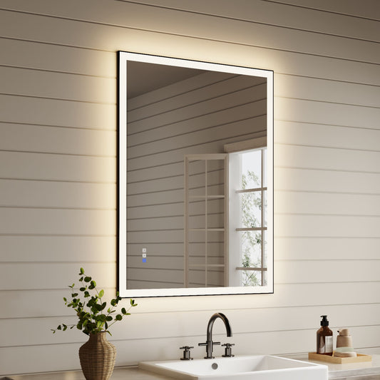 ExBrite Zentro 48-in x 36-in Framed Rectangle Dimmable LED Lighted Fog Free Bathroom Vanity Mirror ( Matte Black )