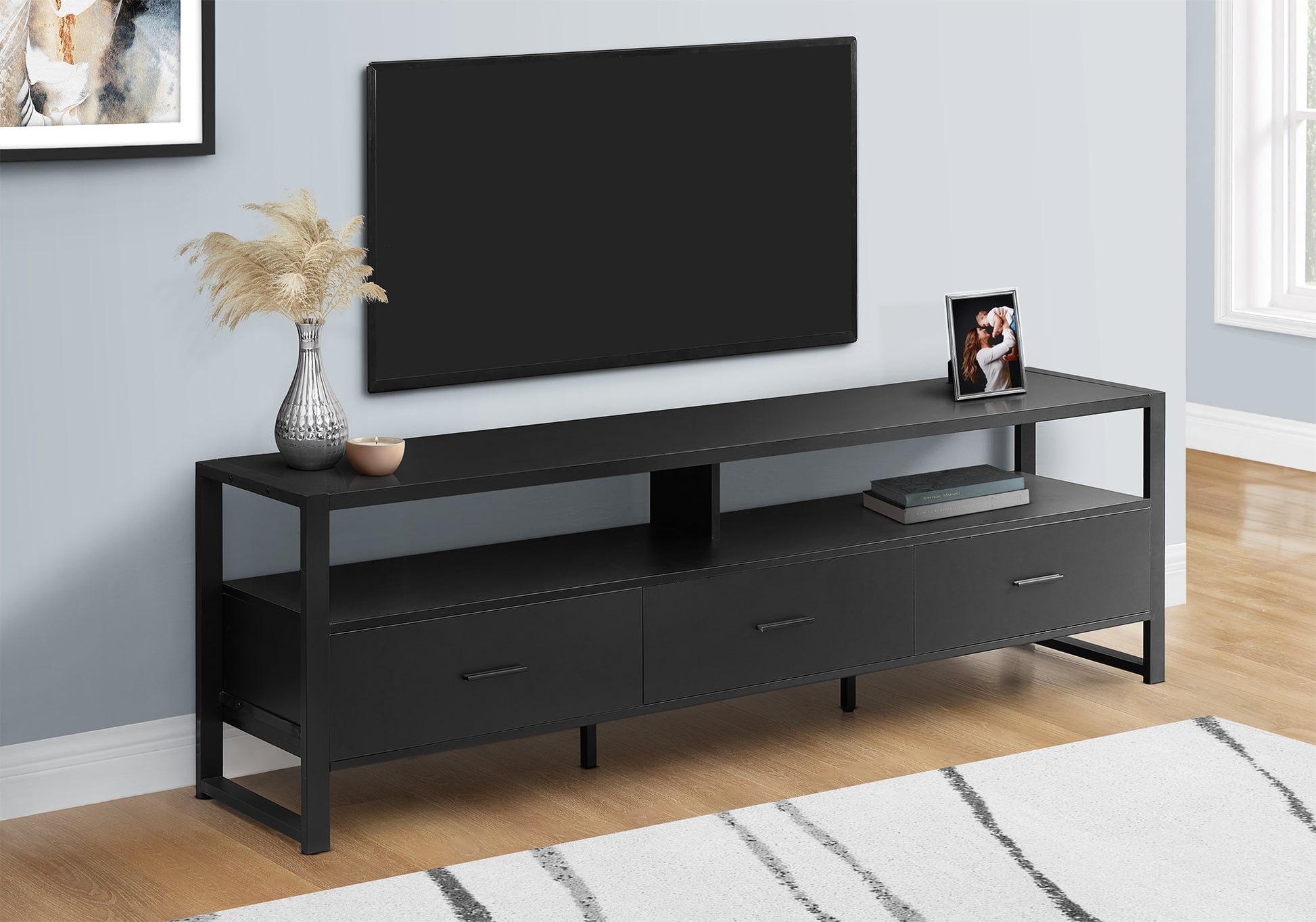 Tatayosi 72 Inch Contemporary Black TV Stand with Three Drawers and Open Shelves for Most Television Sizes