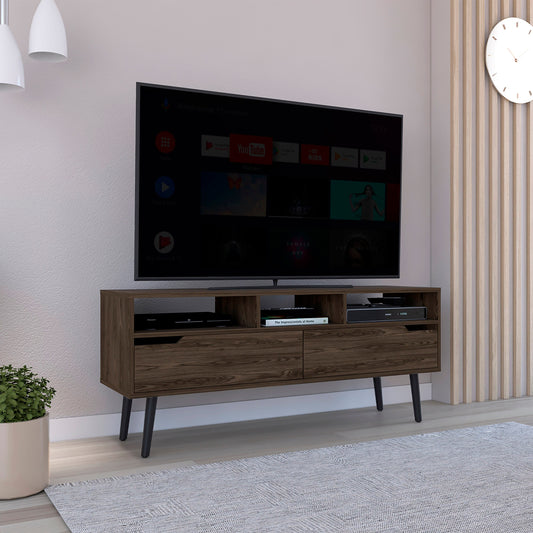 Tatayosi 60 Inch Dark Walnut Bull TV Stand with Three Open Shelves and Two Internal Shelves