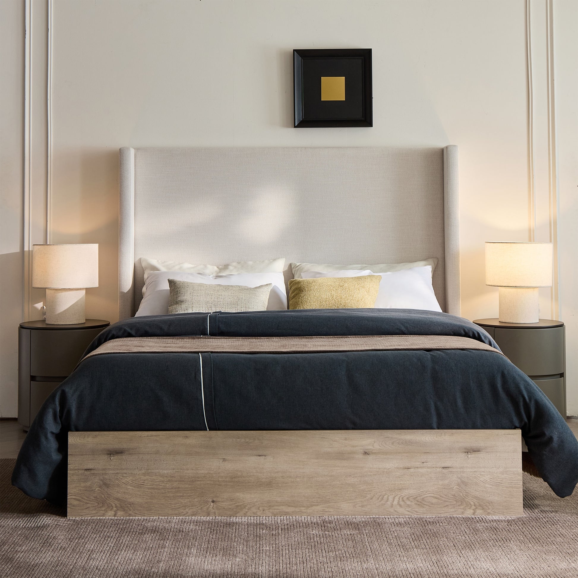 Fun Orange Queen Light Grey andCamel Oak Tufted Bed Frame with Headboard