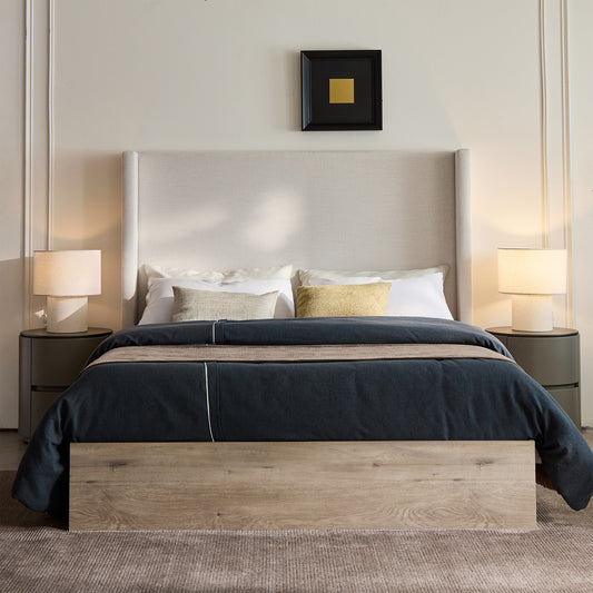 Fun Orange Queen Light Grey andCamel Oak Tufted Bed Frame with Headboard