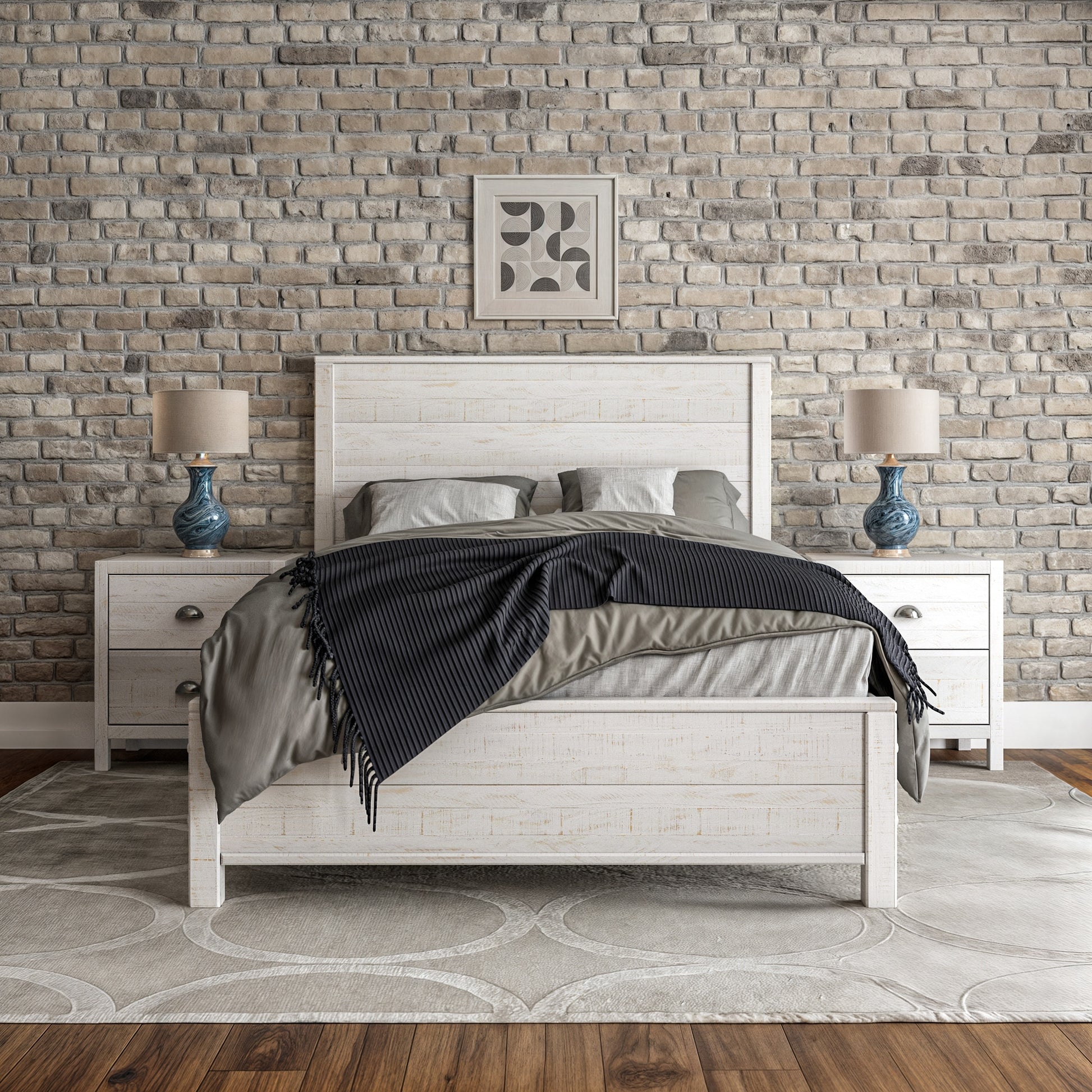 Camaflexi Full Shabby White Wood Panel Bed with Headboard