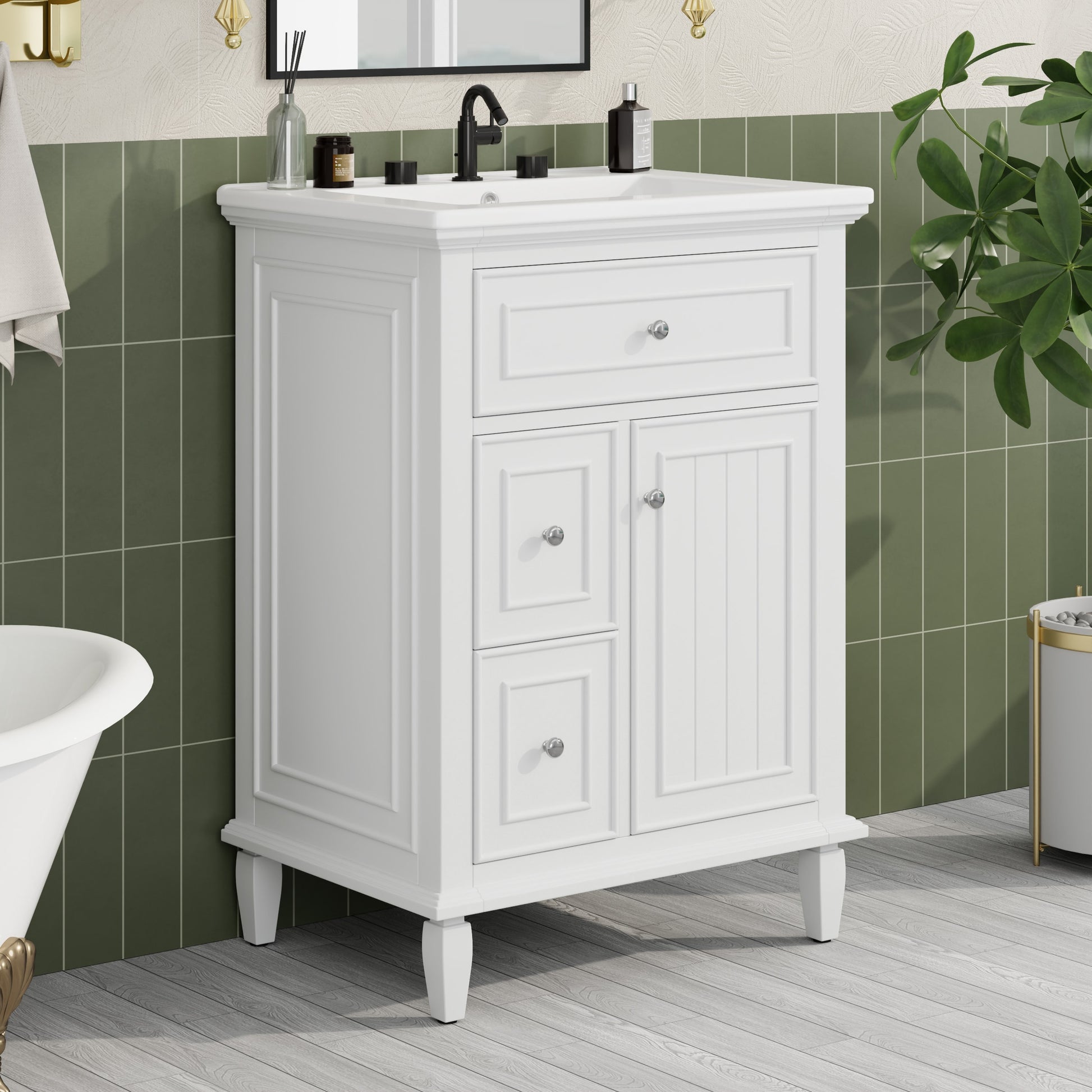 Hrinhom Unassembled 24-in White Undermount Single Sink Bathroom Vanity with White Ceramic Top