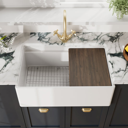nuie  White Kitchen Sink 30 inch Single Bowl Apron Front Farmhouse Sink with Ledge Grid and Cutting Board Ceramic Plain Ledge Design Kitchen Sinks Farmhouse Sinks for Kitchens 30x19x10 White