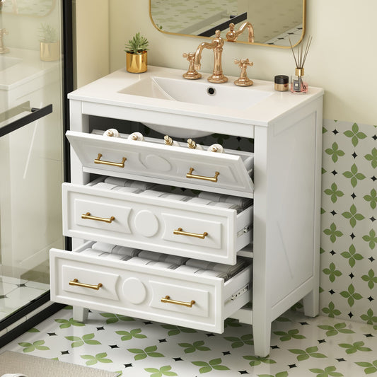 Hrinhom Unassembled 30-in WHITE Undermount Single Sink Bathroom Vanity with White Ceramic Top