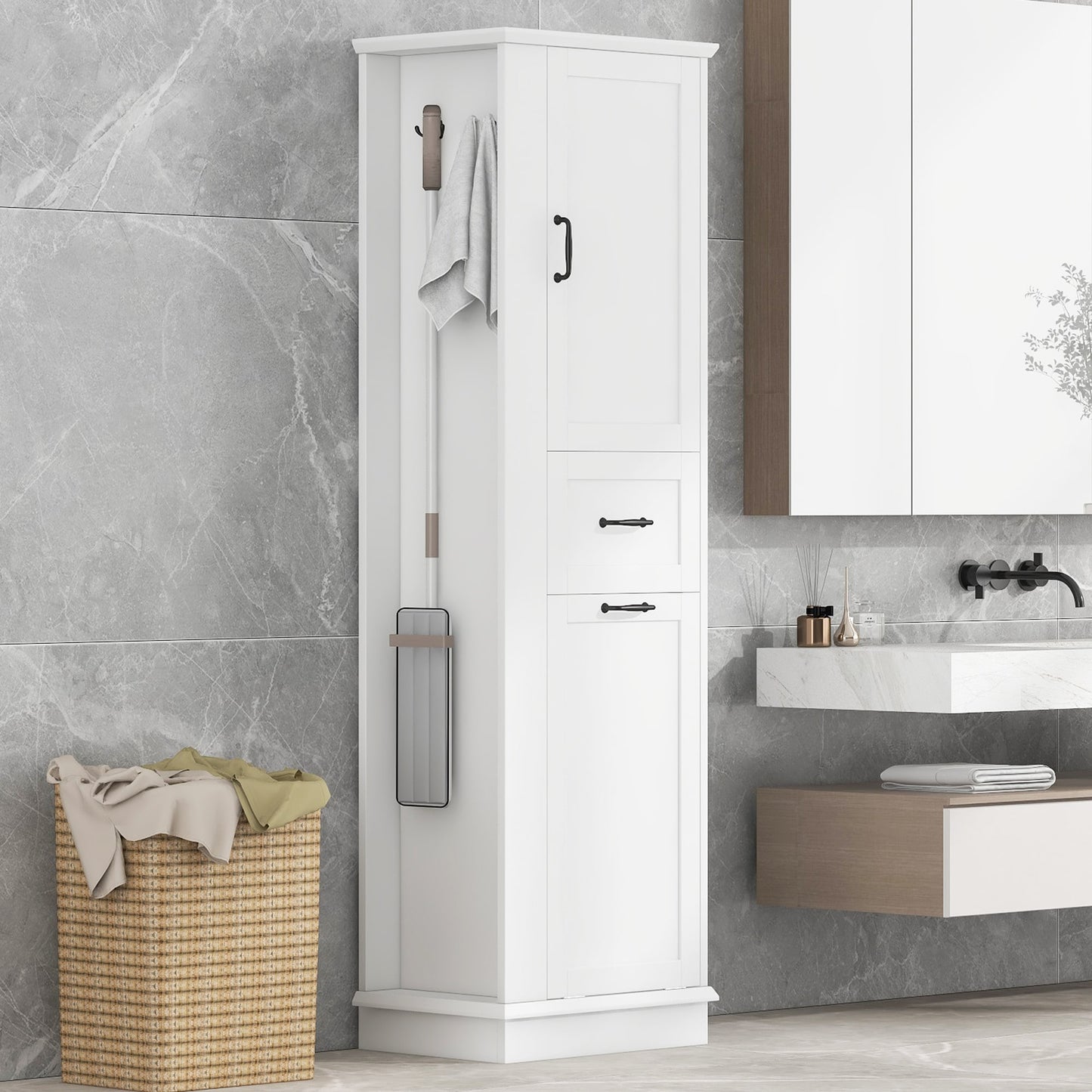 Hrinhom Unassembled 20.3-in x 67.8-in x 13.8-in White Freestanding Linen Cabinet