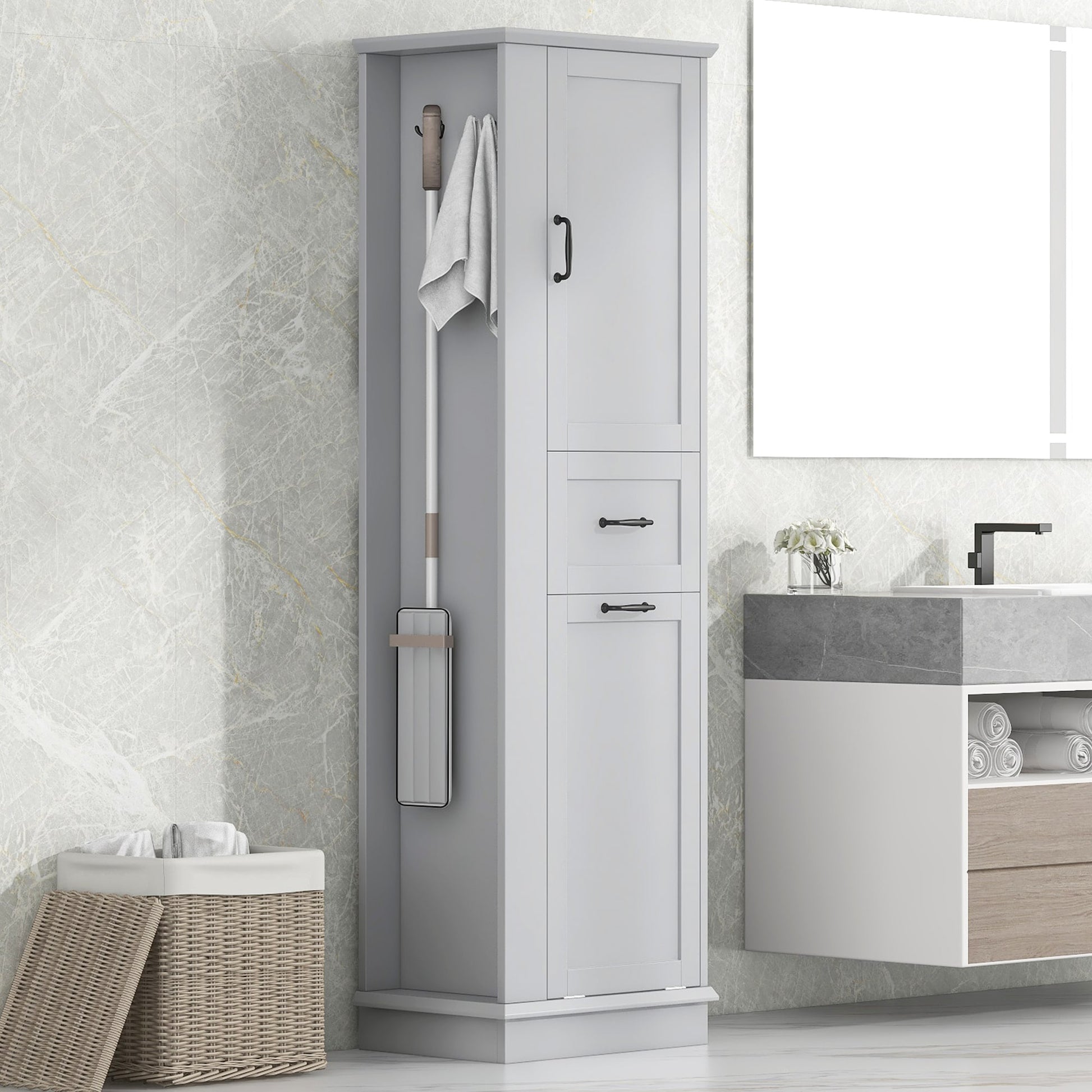 Hrinhom Unassembled 20.3-in x 67.8-in x 13.8-in Gray Freestanding Linen Cabinet