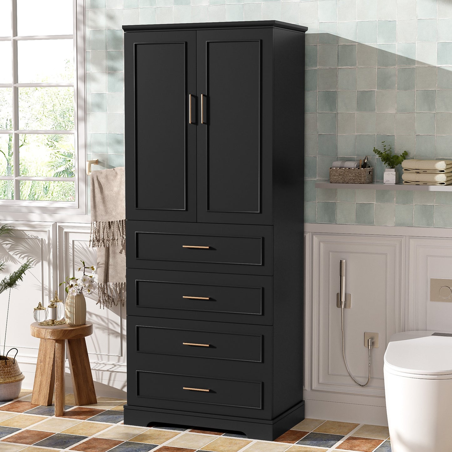 Hrinhom Unassembled 29.9-in x 72.2-in x 15.6-in Black Freestanding Linen Cabinet