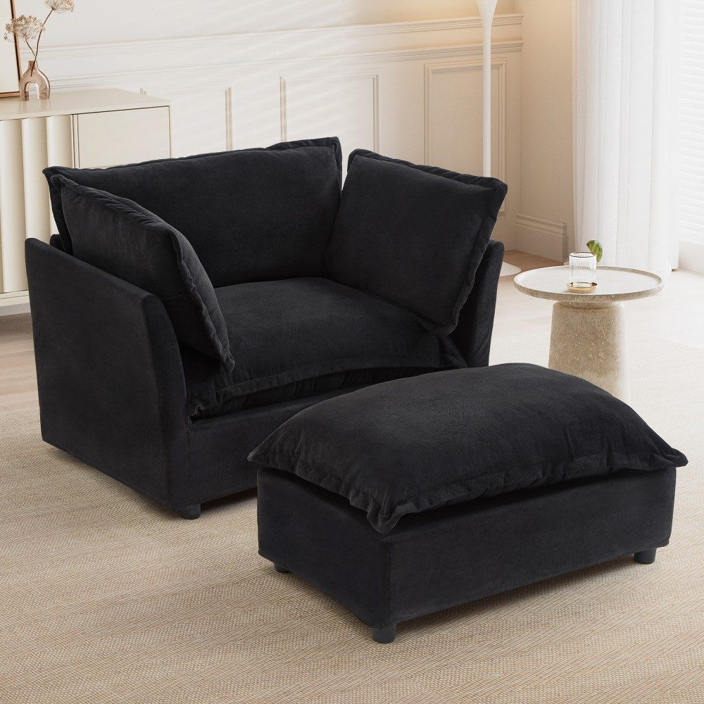 Coolbibila Modern Black Chenille Upholstered Armchair with Movable Ottoman and Curved Armrests for Living Room