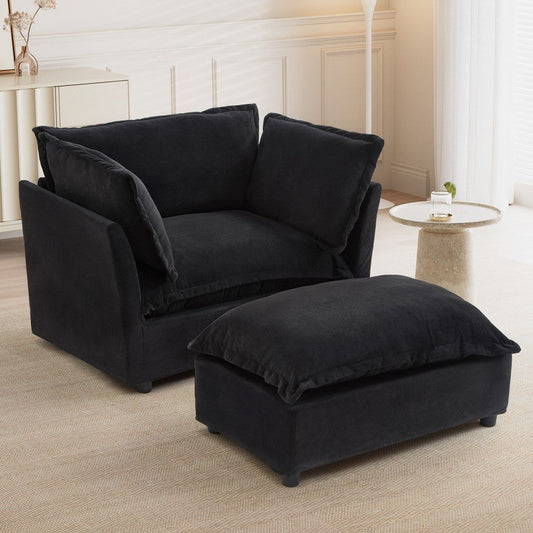 Coolbibila Modern Black Chenille Upholstered Armchair with Movable Ottoman and Curved Armrests for Living Room