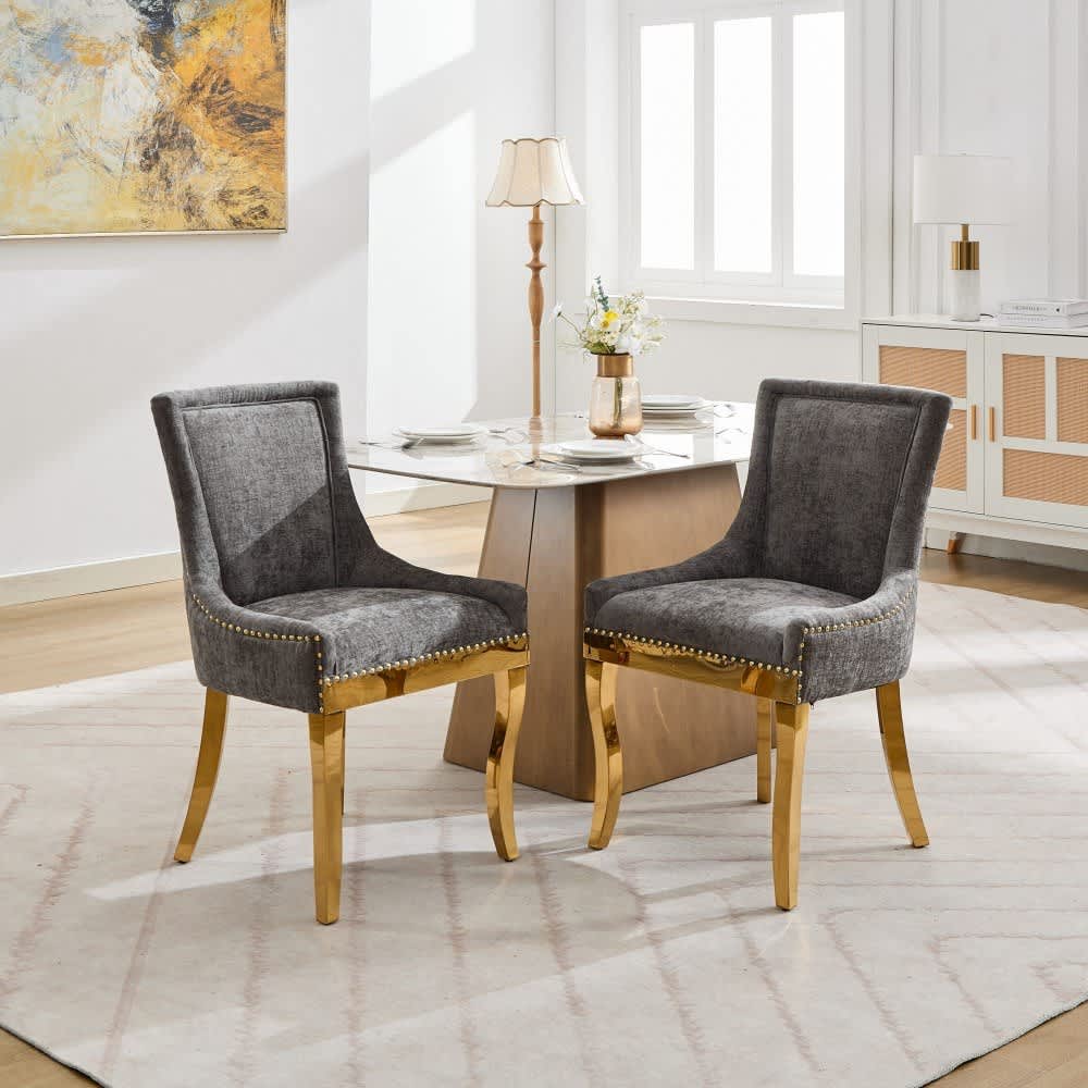 Coolbibila Modern Gray Chenille Upholstered Dining Chairs Set of 2 with Metal Legs for Dining Room or Lounge