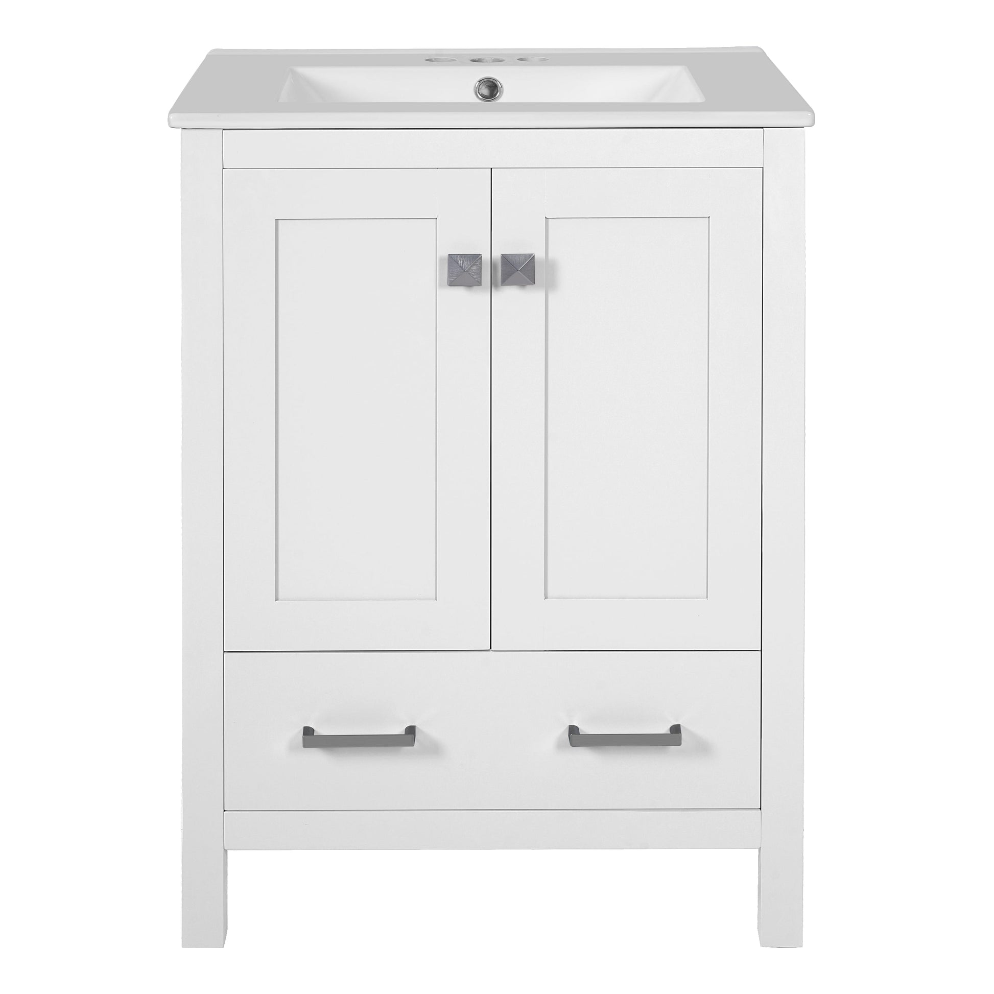 Vynxaria  24 Inch White Bathroom Vanity   Integrated Undermount Ceramic Sink  2 Soft Close Doors  Double Layer Shelves   1 Divider Drawer