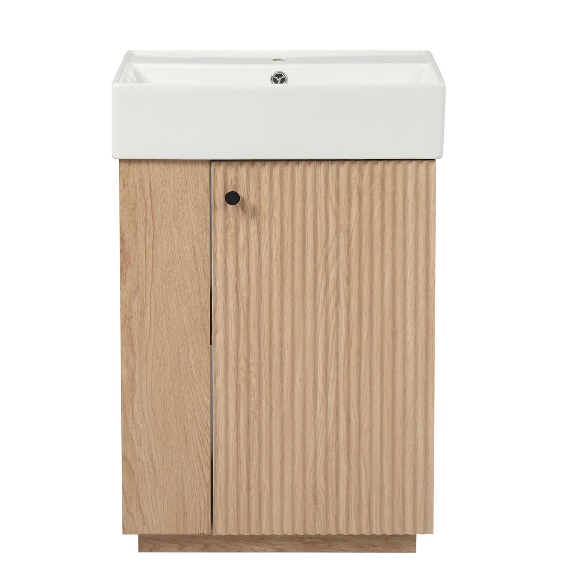 Vynxaria  21.6 Inch Wood Bathroom Vanity   Ceramic Sink  Soft Close Door  Open Closed Storage  Tissue Holder  MDF Wood Grain   For Small Bathrooms