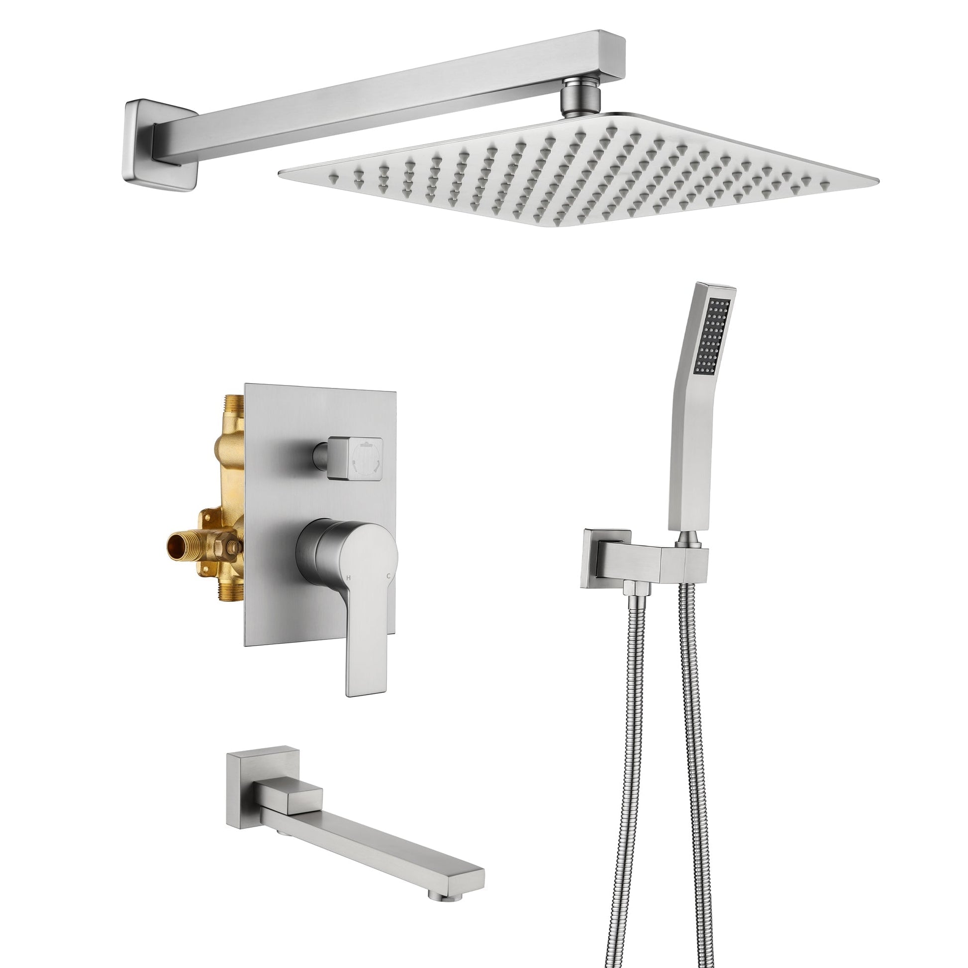 Boyel Living Wall Mount Single Handle 1 Spray Tub and Shower Faucet with Fixed Shower in Brushed Nickel 10 Inch Valve Included