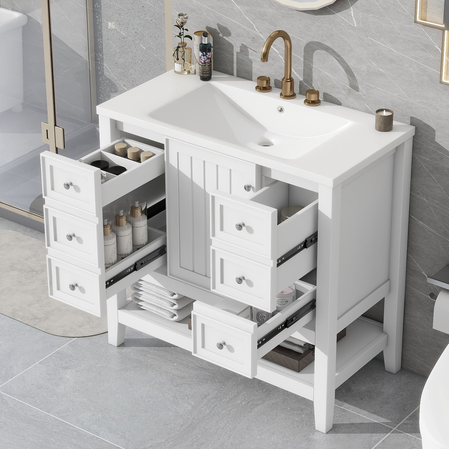 GDFStudio 36 Inches Wood Bathroom Vanity with Sink with 1 Cabinet and 3 Drawers White
