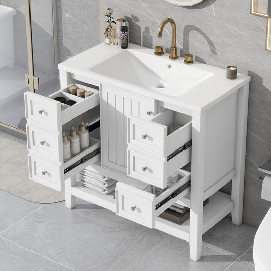 GDFStudio 36 Inches Wood Bathroom Vanity with Sink with 1 Cabinet and 3 Drawers White