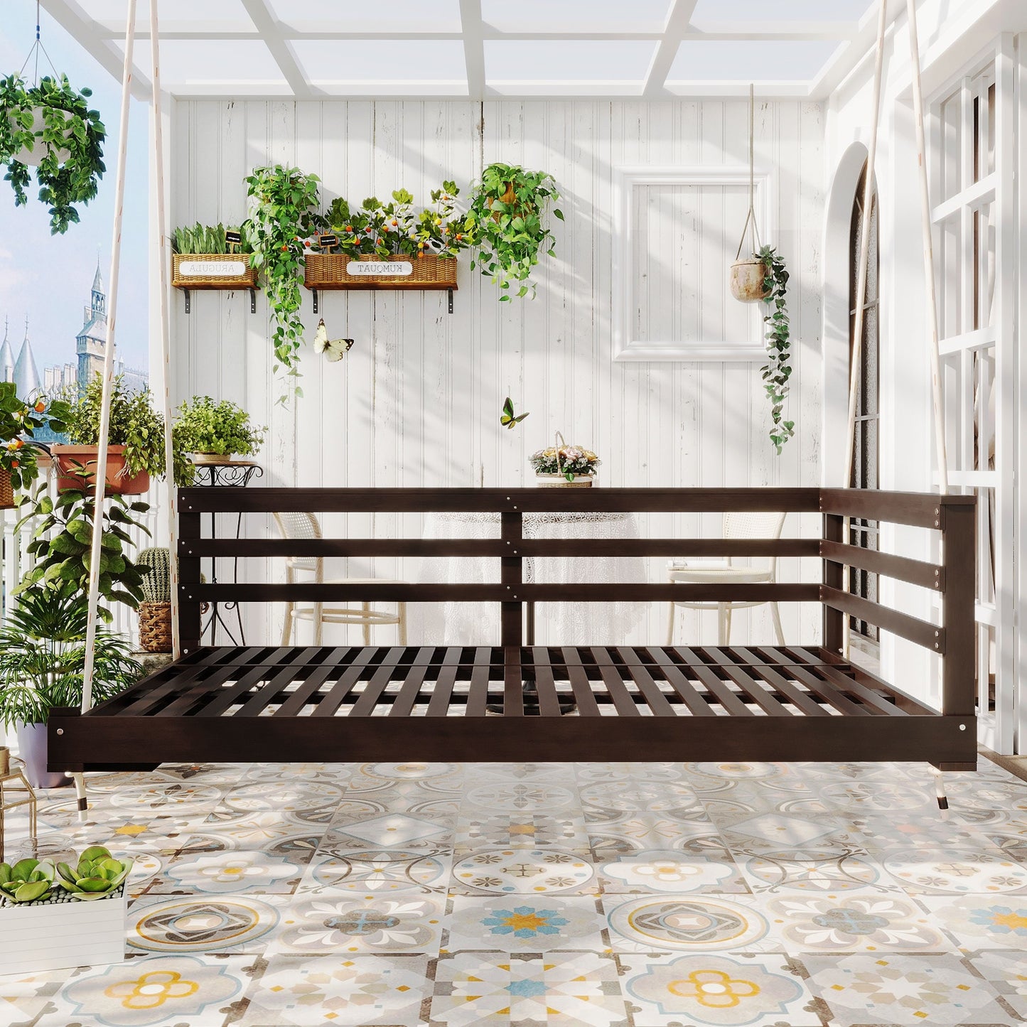 AAZJ Twin Size Swing Wicker Natural Wicker Iron Frame Rocking Chair with Gray Cushioned Seat