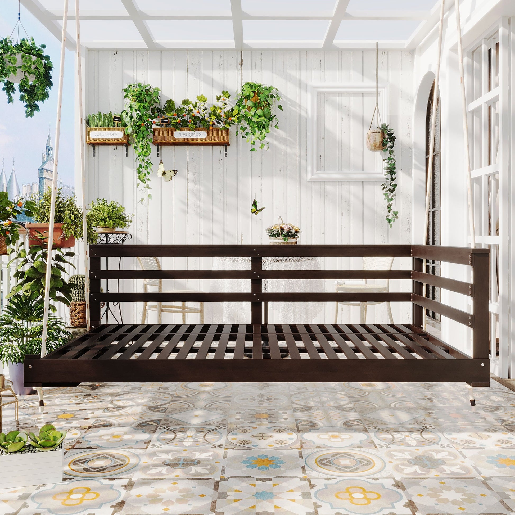 AAZJ Twin Size Swing Wicker Natural Wicker Iron Frame Rocking Chair with Gray Cushioned Seat