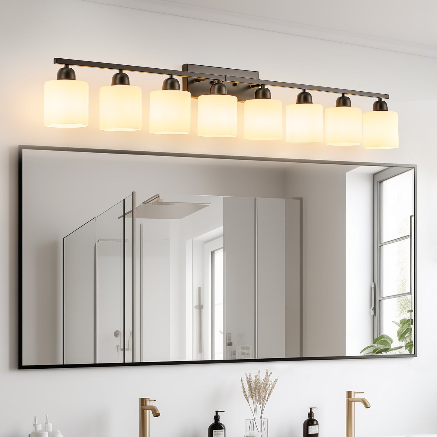 WELLFOR White Glass Shades Modern 52-in 8 Light Black Modern/contemporary Bathroom Vanity light