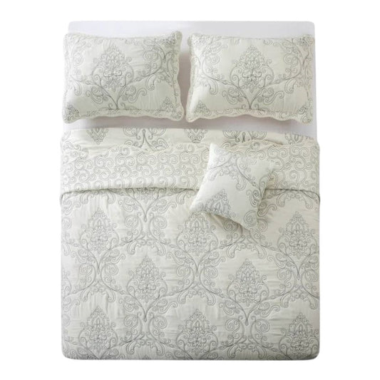 Slickblue Antique White Damask Embroidered 4-Piece Queen Bedspread Set â€“ Ultra-Soft Polyester Fade and Wrinkle Resistant - Perfect for Master Bedroom