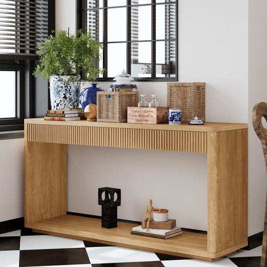Coolbibila Modern 60 Inch Natural Wood Veneer Console Table with 2 Drawers Rectangular Sofa Entryway Table