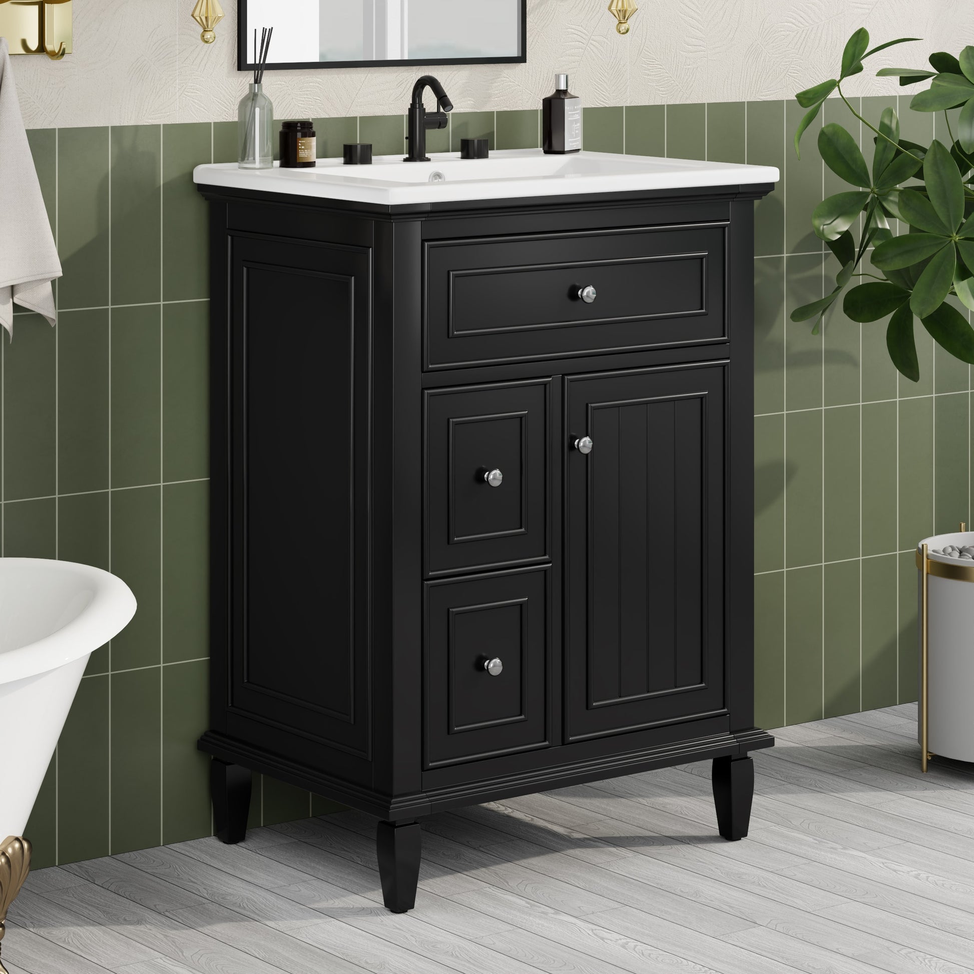 GDFStudio 24 Inches Wood Bathroom Vanity Cabinet with Sink with 1 Flip Drawer and 2 Drawers and Adjustable Shelf  Black