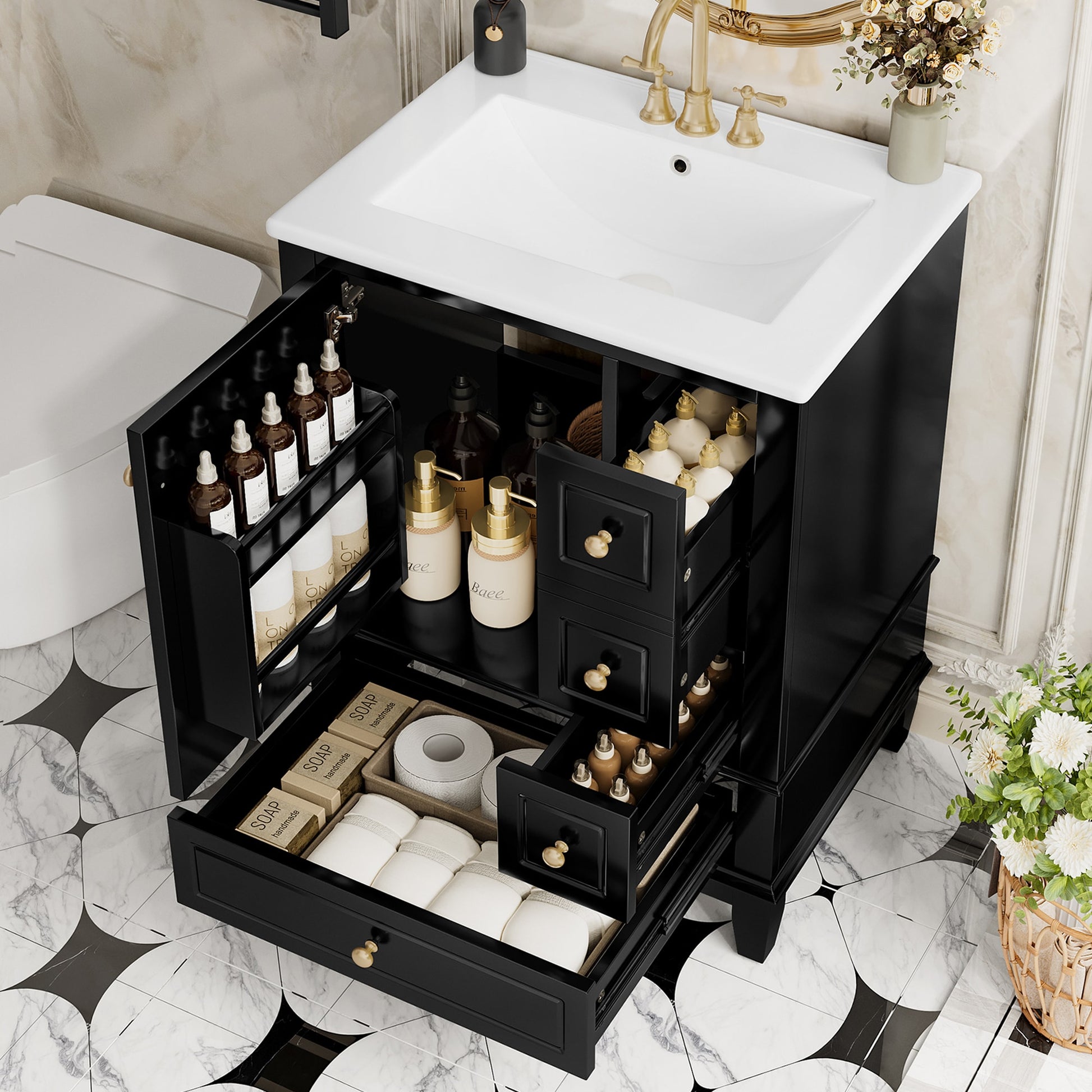 GDFStudio 24 Inches Freestanding Wood Bathroom Vanity Cabinet with Ceramic Sink and Drawers Black