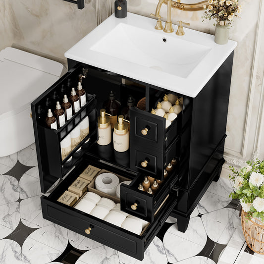 GDFStudio 24 Inches Freestanding Wood Bathroom Vanity Cabinet with Ceramic Sink and Drawers Black