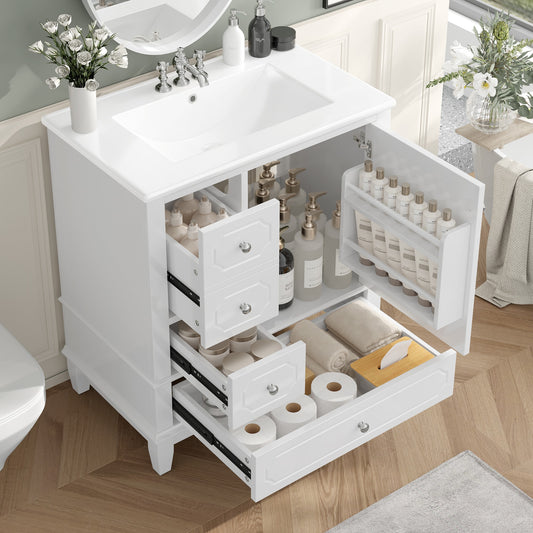 GDFStudio 30 Inches Freestanding Wood Bathroom Vanity with Sink with Ceramic Basin and Soft Close Door and 3 Drawers and Storage Shelves Included White