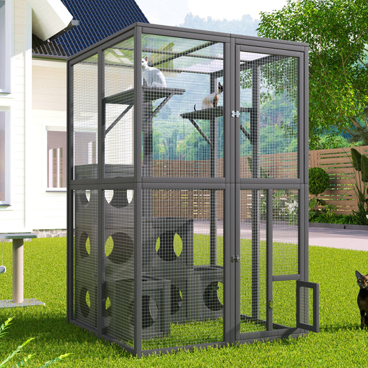 Tatayosi Catio Outdoor Cat Enclosure with Double Enter Doors Grey Climbing shelves Weatherproof Pine Wood Playground with 7 Freely Combination Wood Boxes