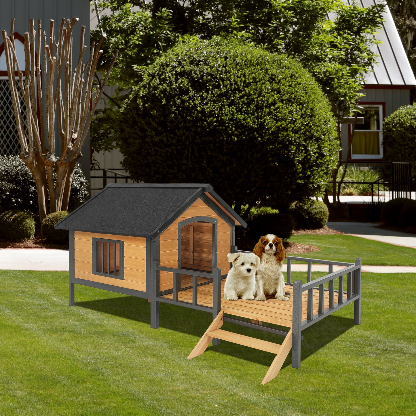 Tatayosi Unique All-Around Iron FrameOutdoor Large Wooden Cabin House Style Wooden Dog Kennel with Porch