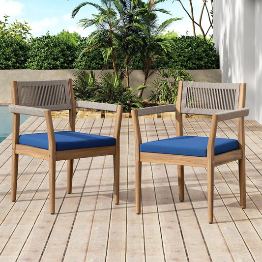 JANSNO Patio chair Set of 2 Brown Wood Frame Stationary Bar Stool Chair with Blue Cushioned Seat