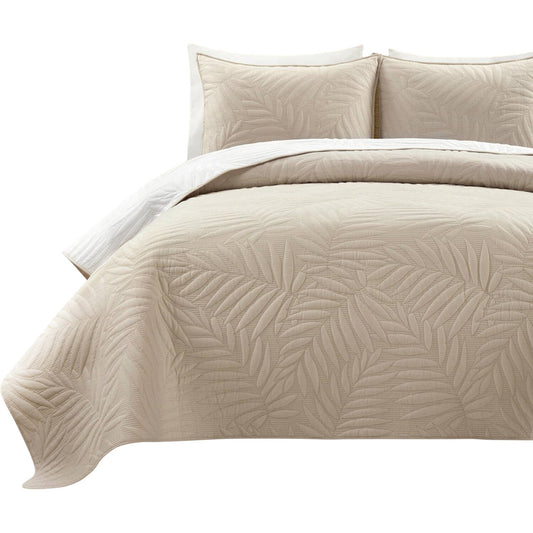 Slickblue 3-Piece White Beige King/California King - Full Queen Reversible Cotton Quilt Bedding Set with Embroidered Fern Leaf Design for Bedroom Decor