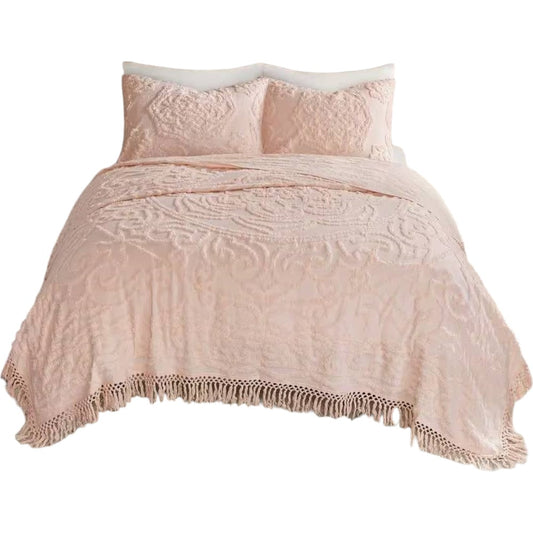 Slickblue 3-Piece Pink Blush King Full/Queen Cotton Chenille Bedspread Set with Fringe Hem and Matching Pillow Shams For Bedroom