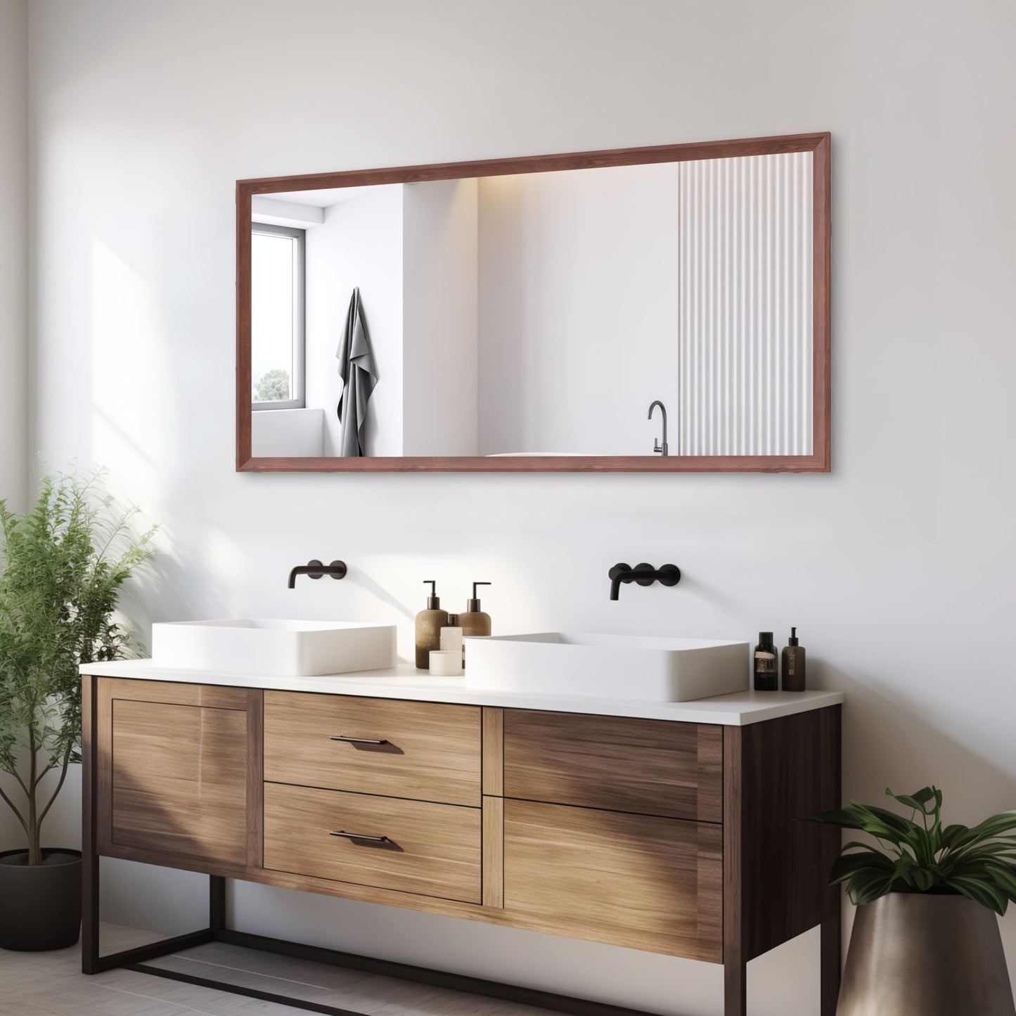 Poinic 60-in W x 30-in H Rectangle Walnut Framed Vanity Mirror