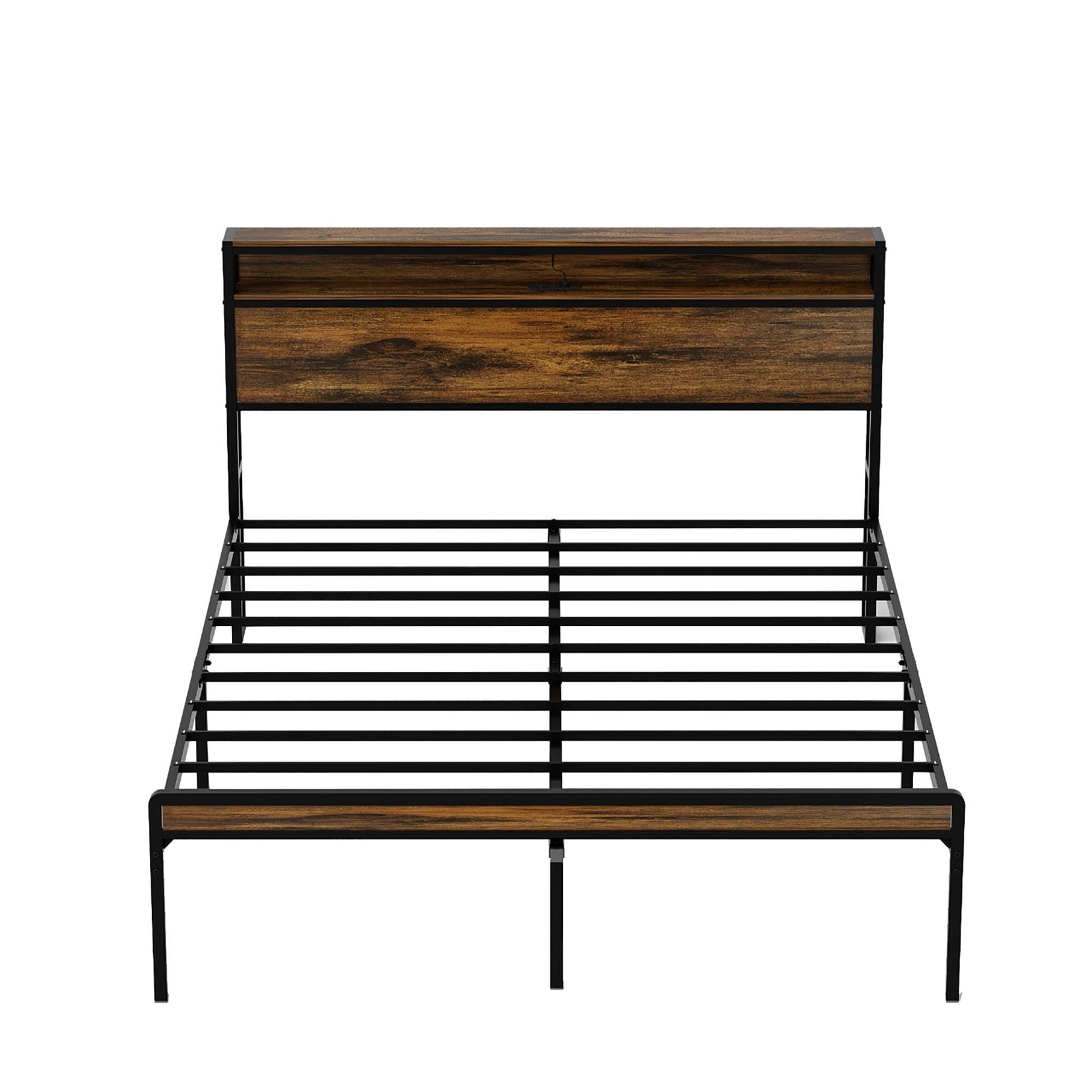 JJJ Queen Antique Brown Metal Bed Frame Storage with Headboard
