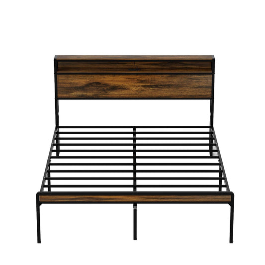 JJJ Queen Antique Brown Metal Bed Frame Storage with Headboard