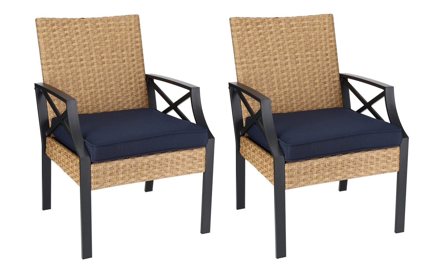 Style Selections Kenwood Set of 2 Wicker Black Steel Frame Stationary Dining Chair with Navy Cushioned Seat