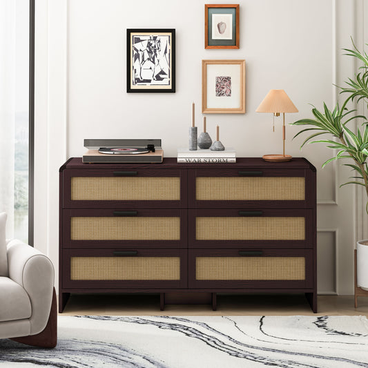 Tatayosi Arc Shaped Corner Rattan Cabinet 6-Drawers Rattan Storage Cabinet Rattan Drawer for Living Room Bedroomand Kitchen Reddish-brown Brown