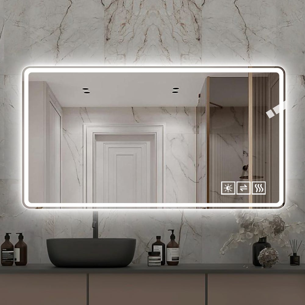 WELLFOR LD Mirror 48-in x 32-in Polished Frameless Rectangle Dimmable LED Lighted Fog Free Bathroom Vanity Mirror ( Silver )