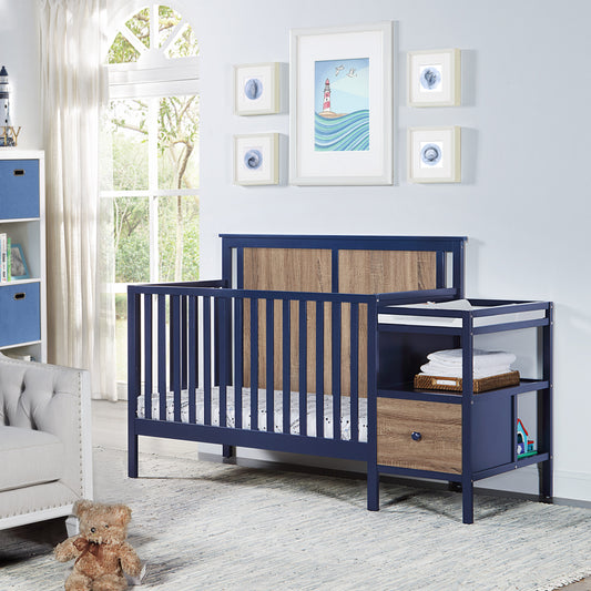 LOVMOR 4-in-1 Crib and Changer Combo Midnight Blue and Vintage Walnut