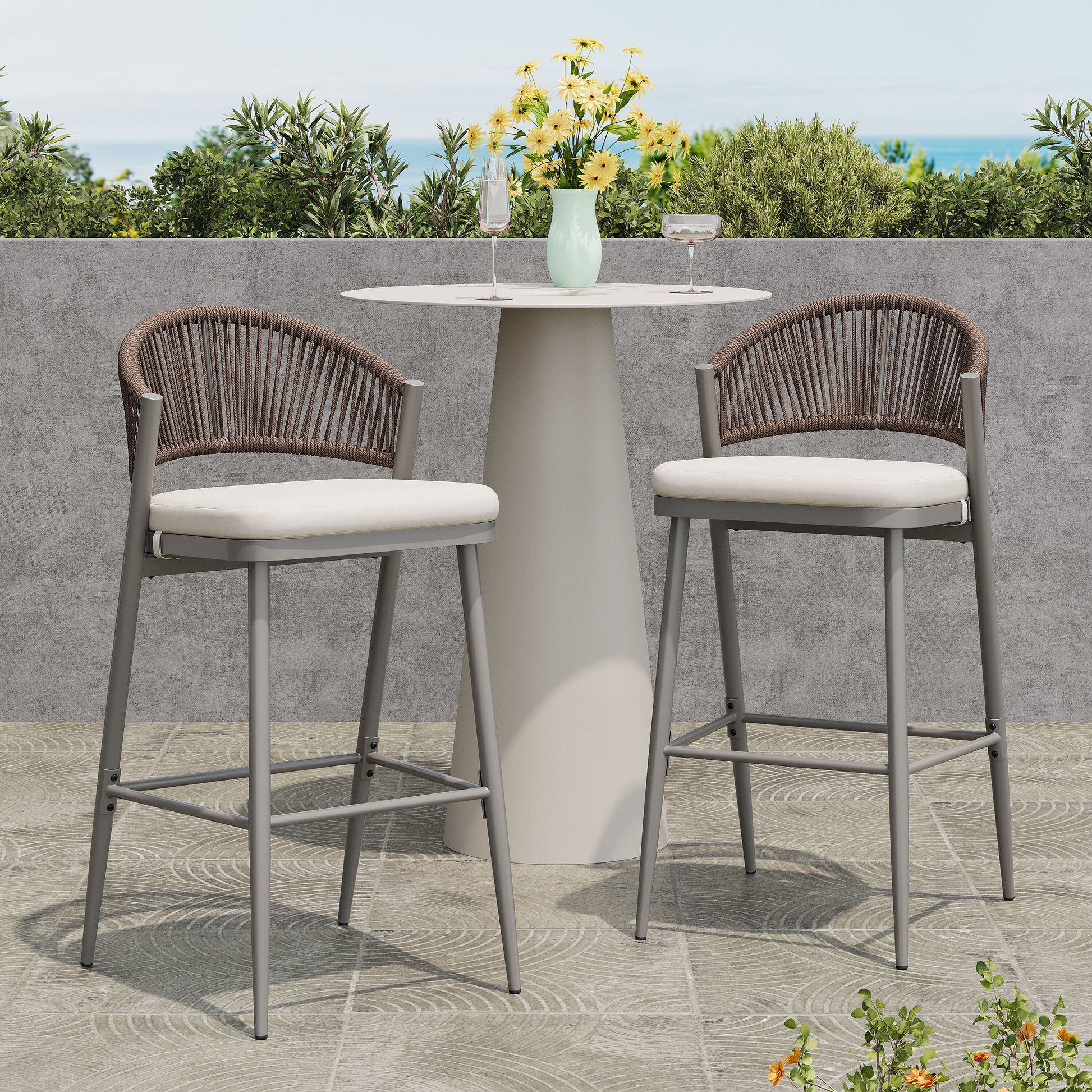 Christopher Knight Home Harrison Outdoor  30.25 In Barstools Metal Frame with Rattan Backrest-Matte Grey