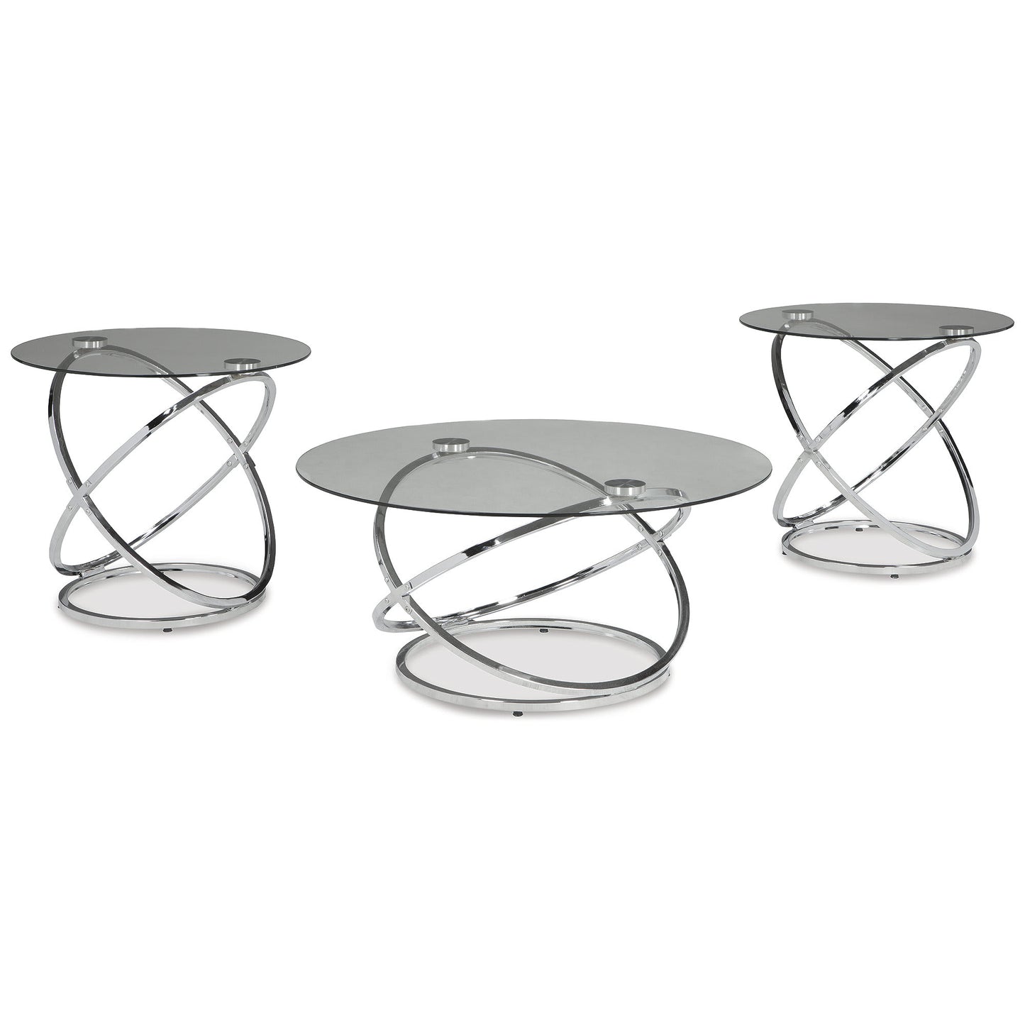 Signature Design by Ashley Hollynyx Chrome Finish and Clear Glass 3 Piece Occasional Table Set with Round Tops and Metal Rings
