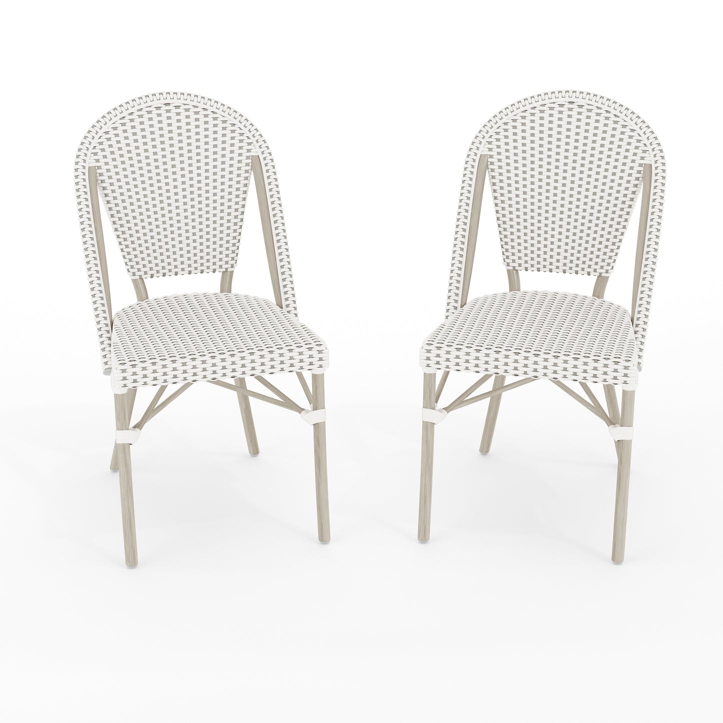 Martha Stewart Lily Pond Set of 2 Indoor-Outdoor Stackable Bistro Chairs with Gray Woodgrain Aluminum Finish Frames and White/Gray Woven Rattan Backs/Seats