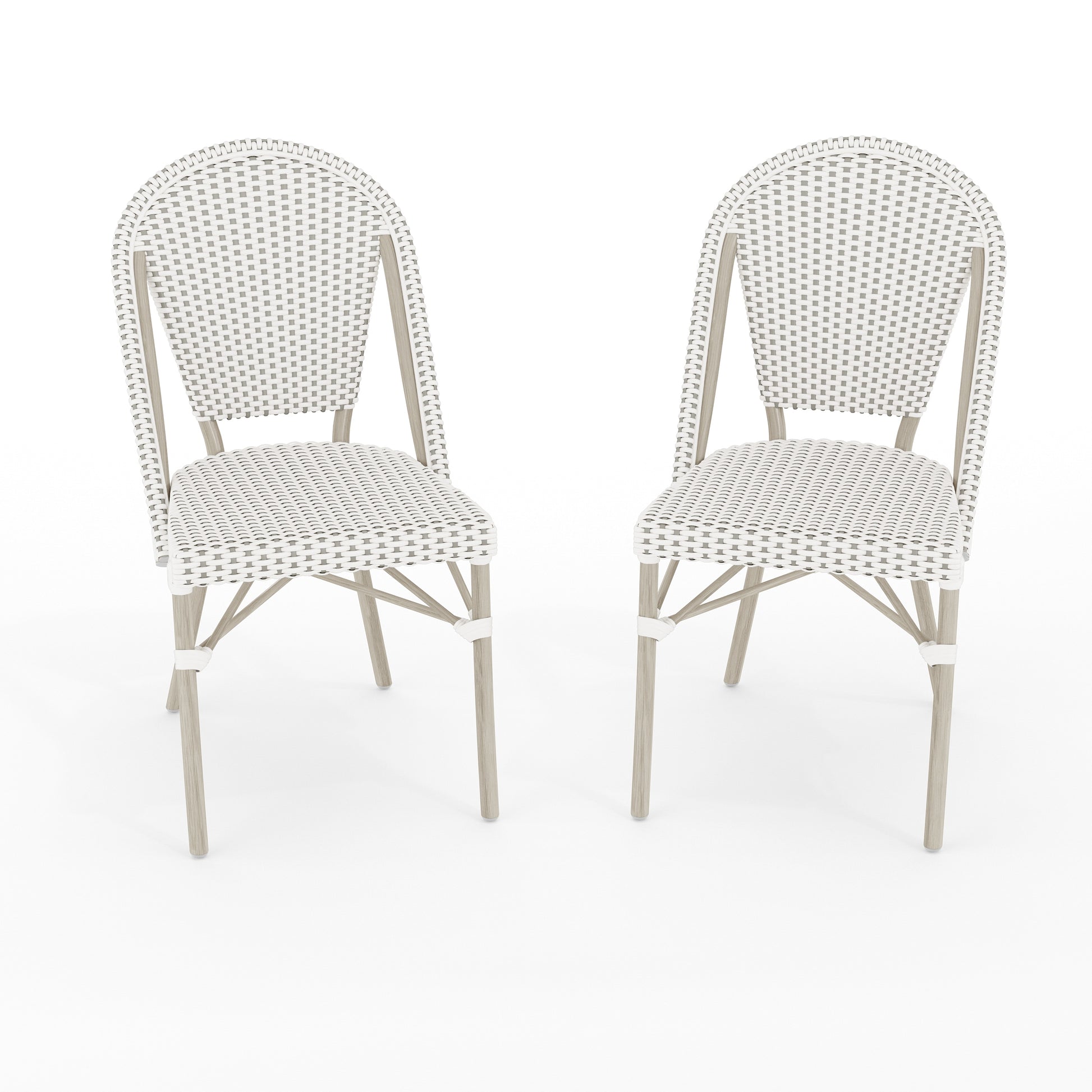 Martha Stewart Lily Pond Set of 2 Indoor-Outdoor Stackable Bistro Chairs with Gray Woodgrain Aluminum Finish Frames and White/Gray Woven Rattan Backs/Seats