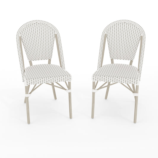 Martha Stewart Lily Pond Set of 2 Indoor-Outdoor Stackable Bistro Chairs with Gray Woodgrain Aluminum Finish Frames and White/Gray Woven Rattan Backs/Seats