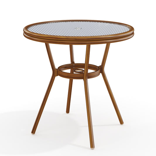 Martha Stewart Lily Pond 31.5-in Round Indoor-Outdoor Bistro Dining Table with Natural Woodgrain Aluminum Finish Frame and White/Navy Woven Rattan Tabletop